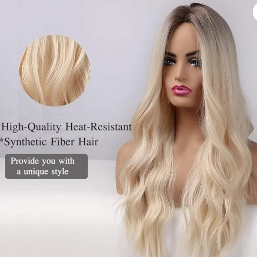 Womens 💗 Blonde And Brown Synthetic Ombre 26" Long Wavy Breathable Cap Wig 💗 - Picture 14 of 16